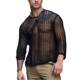 T-shirts voor heren gebreide mesh top mannen transparant sexy zie door lange mouw tee streetwear heren kleding visnet spier ondermaatsmen's 3xl