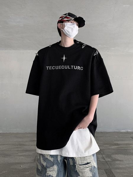 Camisetas para hombre, diseño coreano, camiseta con hombrera de calle alta, hebilla de Metal pesado Y2k para hombre