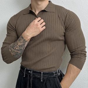 Camisetas para hombre, moda coreana, camisa de negocios informal ajustada de alta calidad, solapa para hombre, manga larga, algodón, talla europea