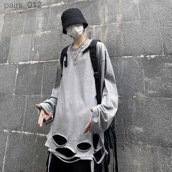 Camisetas masculinas para hombres de moda coreana para hombre de manga de manga larga estilo street street street oreñes de dobladillo gris blanco forro de hip-hop punk ropa YQ240415