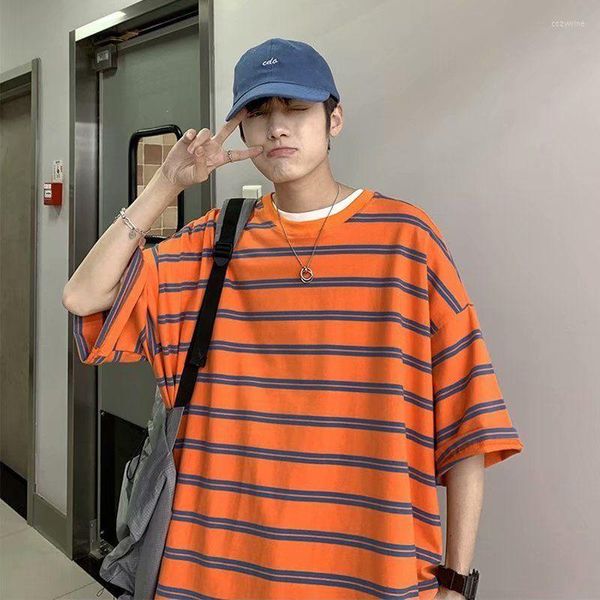 Camisetas para hombre moda coreana Oversied naranja blanco azul rayas pantalón corto Casual camisa de manga hombres 2022 tendencia adolescente verano Harajuku Top