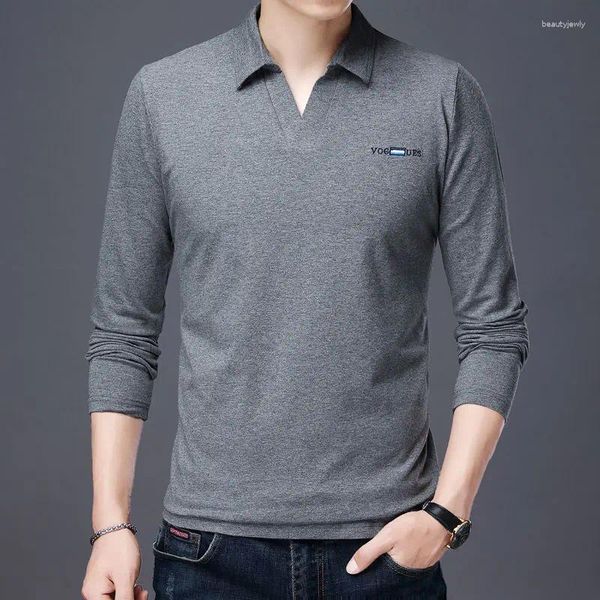 T-shirts pour hommes coréen printemps automne T-shirt col en v revers mode décontracté ample pur coton à manches longues sous-couche hauts 2024