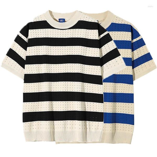 T-shirts pour hommes de style coréen T-shirts à col rond à rayures pour hommes T-shirts à tricoter décontractés à manches courtes pour hommes