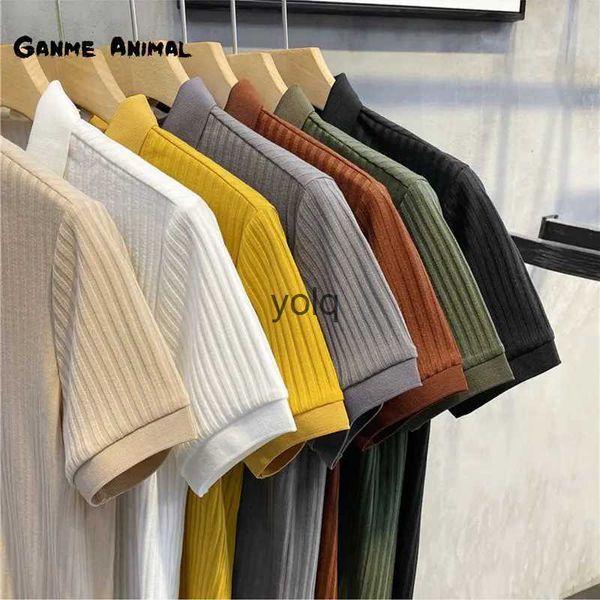 Camisetas para hombres Verano coreano para hombre Color sólido Cuello vuelto Botón para hombre Talla grande Camiseta Tira de manga corta Teeyolq