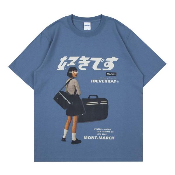 Camisetas para hombre Kpop Blue Retro Girl Poster Print Camiseta Hombre manga corta Oversize Japanes Kanji Camisetas Mujer Vintage Graphic Tees Streetwe