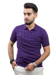 Camisetas de hombre Kulemoda Color púrpura Rayas finas Cuello de polo Prendas de punto Camiseta unisex