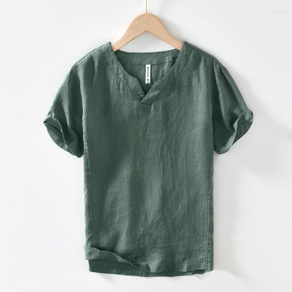 T-shirts pour hommes L998 Lin Premium T-shirts Mode d'été pour hommes Style chinois Vintage Couleur unie T-shirts à manches courtes Simple Respirant