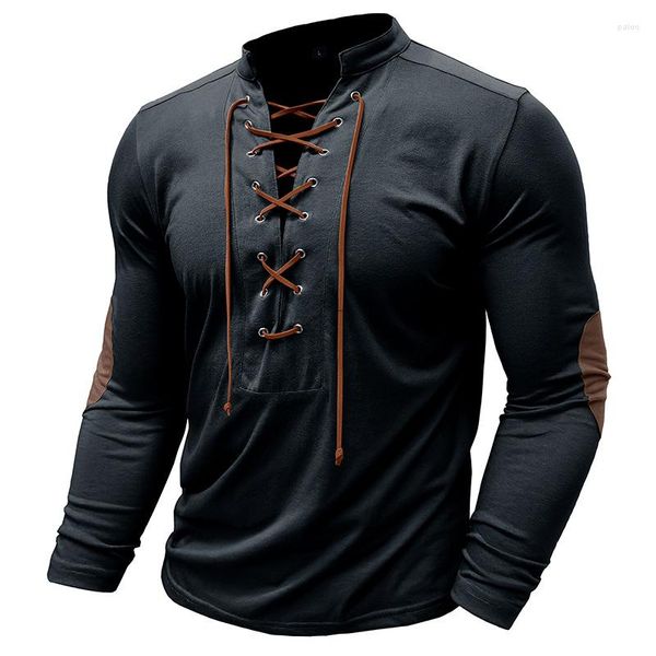 Camisetas para hombre, camisetas con cordones, camiseta ajustada con botones y cuello en V, camiseta de manga larga, camisetas casuales sólidas musculosas, camiseta Henley, Camiseta básica Retro