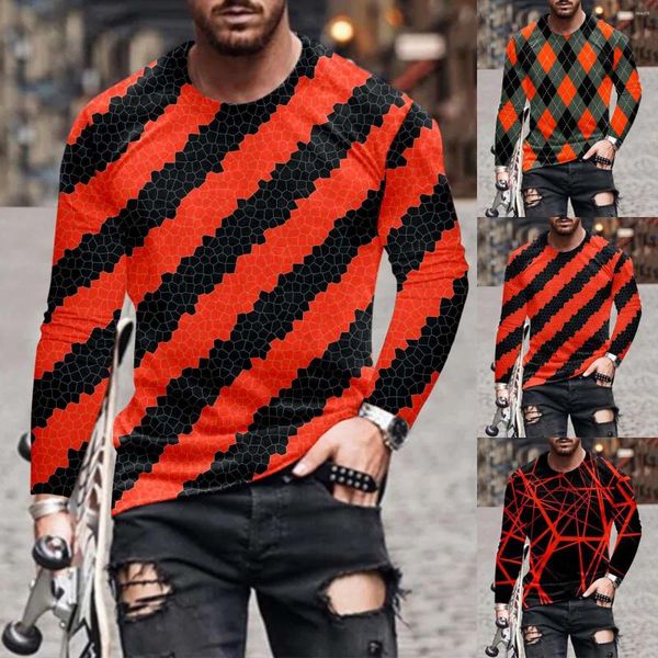 Camisetas para hombre, camisa de manga larga a rayas grandes para hombre, informal, naranja, 3D, camiseta pequeña, manga térmica para hombre