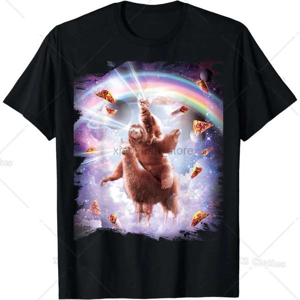 T-shirts hommes Laser Eyes Space Cat Riding Paresse Lama Rainbow T-shirt pour femmes hommes garçons filles 240327