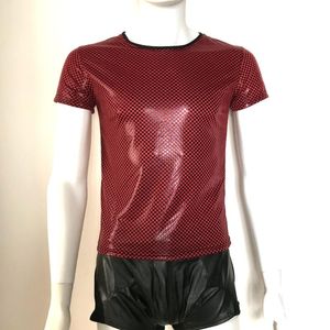 T-shirts pour hommes Latex Hommes Sexy Faux Cuir Plaid T-shirts Homme Maillots De Corps Noir Rouge Tees Tight Gay Funny Corset Dancewear Lingerie