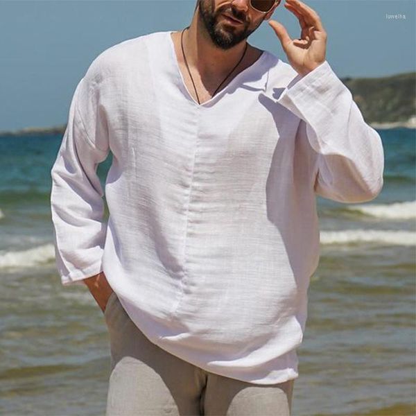 Camisetas de hombre Ocio Color puro Suelto Algodón Lino Tops Hombre Estilo de playa Vintage V Cuello Camisa Primavera Verano Casual Pullover Manga larga