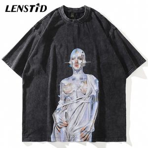 Heren T-Shirts LENSTID Zomer Mannen Oversized Korte Mouw T-shirts Hip Hop Robot Print Gewassen Streetwear Harajuku Casual Katoenen Tops Tees 230106