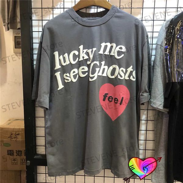 T-shirts hommes gris clair Lucky Me I See Ghosts T-shirt Hommes Femmes Mousse Imprimer Enfants Voir Ghosts Tee Tops Hip Hop Manches courtes T231214