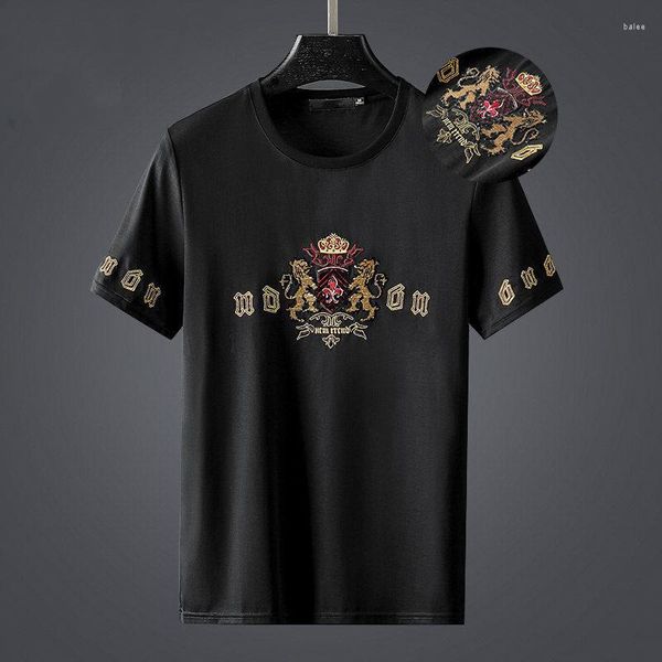 T-shirts pour hommes léger luxe Lion diamant brodé T-shirt court col rond marque de mode glace soie demi manches décontracté