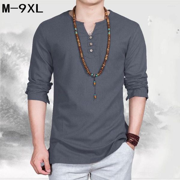 T-shirts pour hommes Lin Hommes Big V-Col Chemise Style chinois Fat Guy Plus Taille Casual Manches longues Grand T-shirt 7XL 8XL 9XL Buste 162 cm
