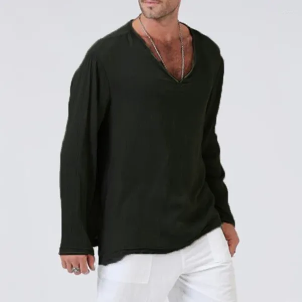 T-shirts pour hommes T-shirt en lin Hommes Vintage Couleur Solide Lâche Col V Automne Casual Oversize Tee-shirt à manches longues Pulls pour hommes Tops de plage