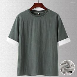 Camisetas de lino para hombre, camisetas de talla grande 6XL para hombre, camisetas de manga corta, camisetas de verano para hombre, camiseta informal de Color sólido a la moda