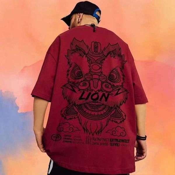 Camisetas para hombre, camiseta China-chic de danza del león, camiseta holgada de gran tamaño, disfraz de pareja de moda, verano de manga corta