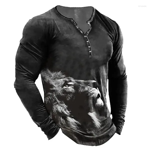 T-shirts pour hommes Lion Henley Animal 3D Imprimer Streetwear Mode Vintage Chemise boutonnée à manches longues Homme T-shirts Tops Vêtements