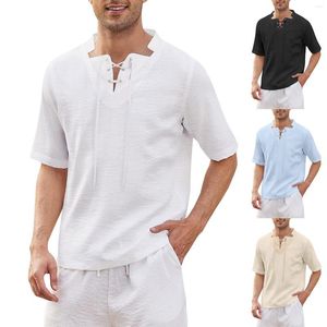 Camisetas largas florales para hombre, camisa superior sólida de primavera y verano, informal, de algodón y lino, con cuello levantado, manga de vacaciones, Torso