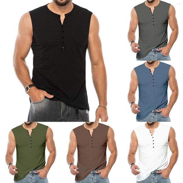 Camisetas para hombre Camisa informal de manga larga para hombre Algodón liso para la moda Primavera y verano Botón sin mangas con cuello redondo