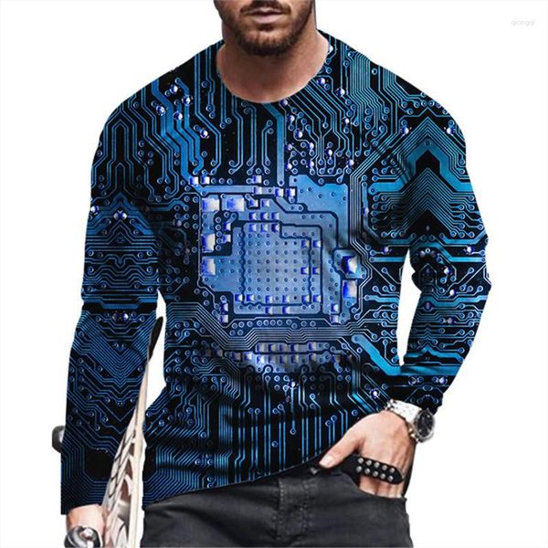 Camisetas de manga larga para hombre, camiseta con estampado 3d de chip electrónico, camiseta informal de moda con cuello redondo para deportes de gran tamaño