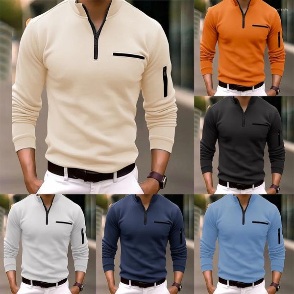 Camisetas para hombre, camiseta de manga larga, camisa informal de negocios, solapa clásica de Color sólido, Top ajustado para hombre, camisetas suaves y cómodas