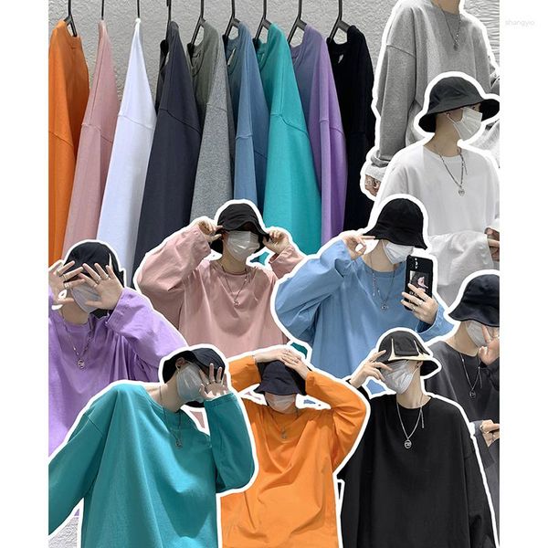 T-shirts pour hommes T-shirt à manches longues pour homme Style coréen Couverture en coton ample Col rond Chemise de rue solide à manches longues T-shirts de base