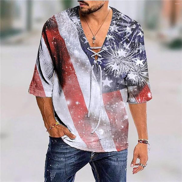 Camisetas masculinas de manga comprida para homens, camisa de praia curta Independence Day com decote em V e algodão casual