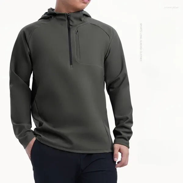 Camisetas para hombre, suéter con capucha de manga larga para correr al aire libre, Camiseta deportiva de secado rápido, traje de Fitness Semi con cremallera, ropa para hombre