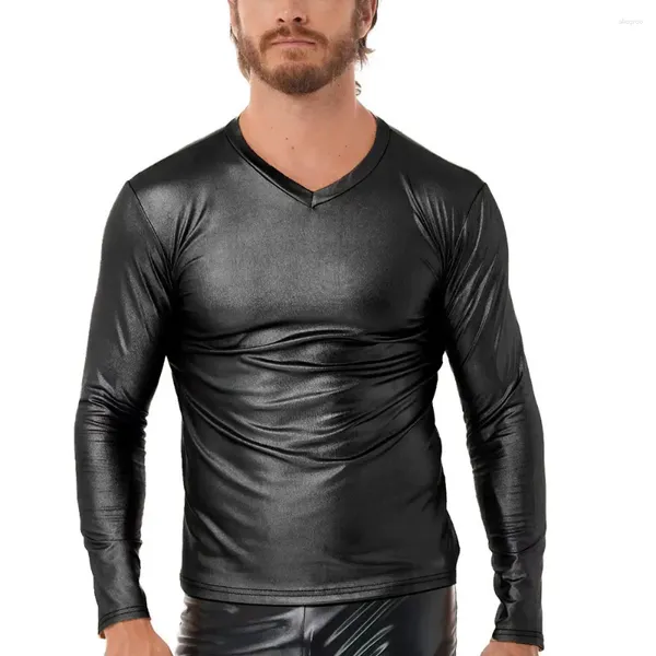 Camisetas de manga larga para hombre, camiseta de charol suave con cuello en V, Top ajustado elástico brillante, ropa de calle de moda masculina