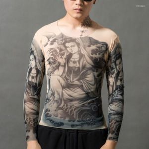 Camisetas de manga larga para hombre, camisetas con tatuajes, Punk, discotecas de moda oscura, tatuajes ajustados de verano ultrafinos de secado rápido