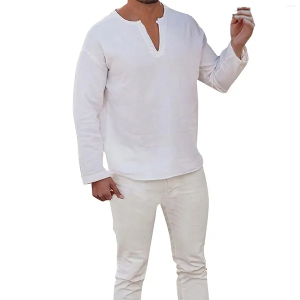 T-shirts pour hommes manches amples et chemisier couleur haut long lin uni col en v coton