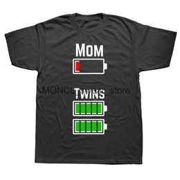 T-shirts voor heren lage batterij moeder van tweelingen print t-shirt hiphop t-shirt comfortabele vrouwen mannen unisex kleding harajuku ademende losse h240506