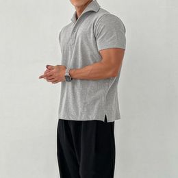 T-shirts pour hommes LUCLESAM polo à revers pour hommes chemise à manches courtes soyeux élastique Fitness hauts 2023 été tendance décontracté mâle T-shirt ample