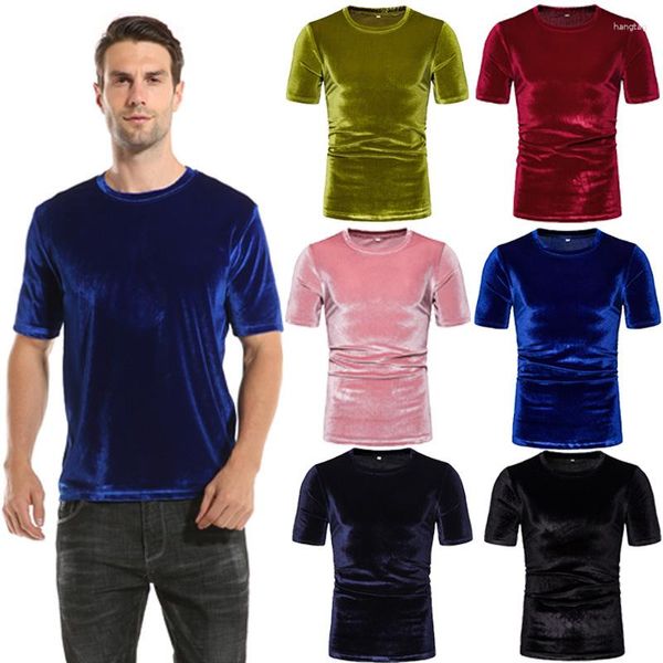 Camisetas para hombre, camiseta LUCLESAM de terciopelo con cuello redondo, jersey de manga corta con superficie brillante, camisetas sueltas informales de moda coreana de talla grande para hombre