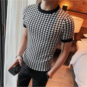 Men s t Shirts Luxe mannen zomer slank gebreide t -shirt houndstooth o nek korte mouw top tees streetwear sociale club casual tee shirt 230311