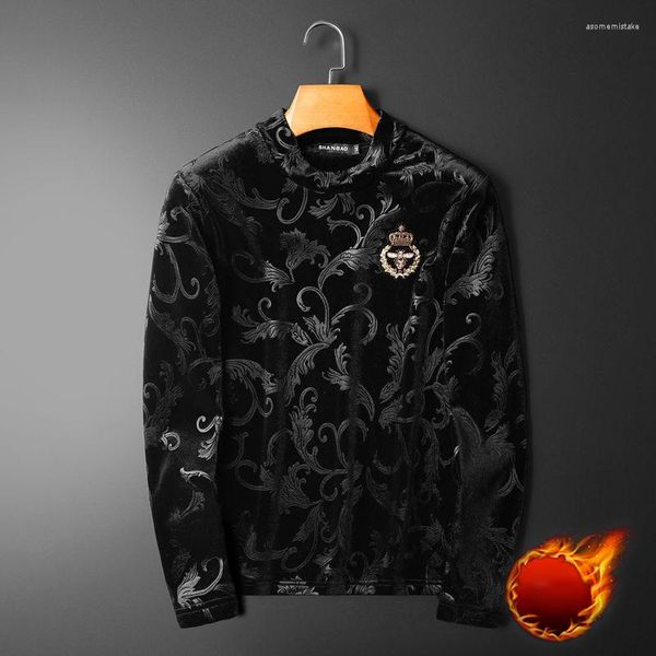 Camisetas para hombres Camisa real con estampado de Paisley de lujo Trajes de club para hombres Ropa de terciopelo Cuello alto engrosado negro Homme