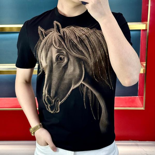 T-shirts pour hommes Luxe Strass Cheval Imprimer Chemise Hommes 2023 Été À Manches Courtes T-shirts Casual Slim O-cou Tee Tops Streetwear Vêtements