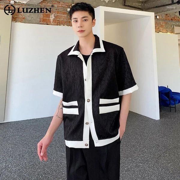 Camisetas para hombres Luzhen Jacquard Patrón Stripe Splipe Spleto Diseño Camisetas de manga corta Tops Coreanos Revistas coreanas LZ2578