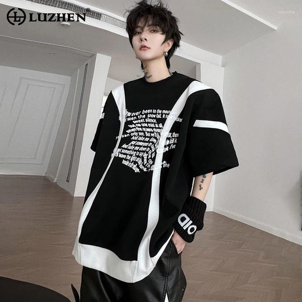 Camisetas para hombres Luzhen Diseño de contraste de color elegante Manga corta 2024 Tops de calles sueltos de cuello redondo de moda LZ2420