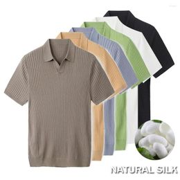 メンズ Tシャツ リヨセル 69.6% 綿 23.2% シルク 7.2% ニットポロシャツ 半袖 Tシャツ 襟付き V ネック ホワイト 夏 スリムフィット ニットウェア