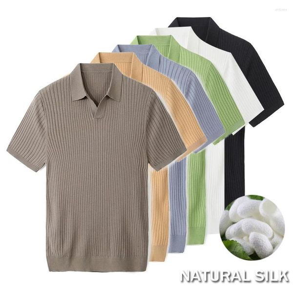 Camisetas de hombre Lyocell 69.6% Algodón 23.2% Seda 7.2% Polo de punto Camiseta de manga corta Cuello en V Blanco Verano Slim Fit Prendas de punto