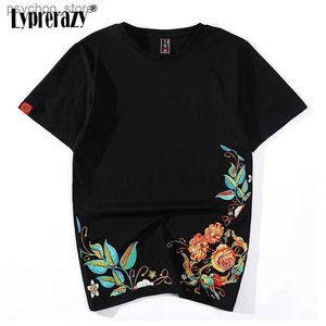 Camisetas para hombres Lyprerazy para hombre Hip Hop chino peonía bordado flor camiseta streetwear tops tees harajuku bordado ropa étnica Q240130