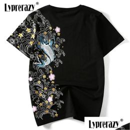 T-shirts masculins Lyprerazy rétro japonais broderie t-shirt koi poisson imprime