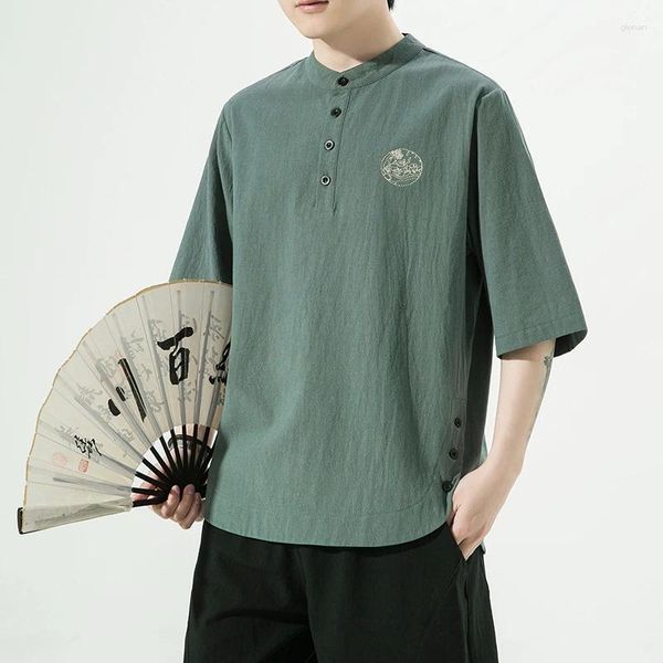 Camisetas para hombres M-5XL camiseta Tang Lino de manga corta Color sólido Alojamiento original Casual Chino Hanfu Camisa en