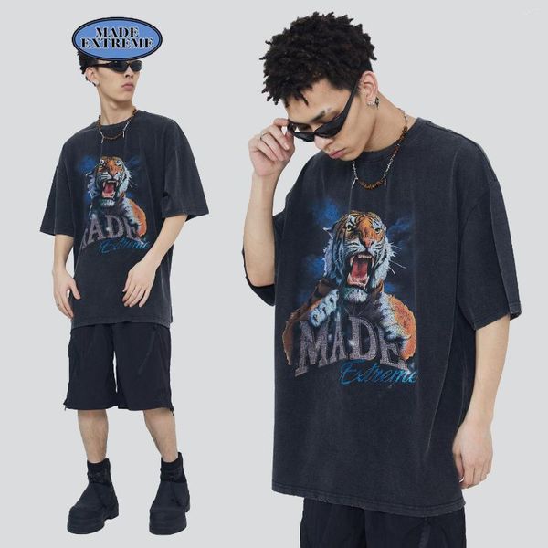 T-shirts pour hommes MADEEXTREME Vintage Tiger Print Chemise à manches courtes Hommes Washed Retro Hip Hop Graphic Women 7957