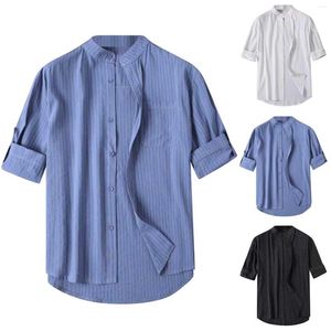 Camisetas para hombre Camisa de manga enrollable a rayas informal para hombre Blusa con medio bolsillo y cuello levantado