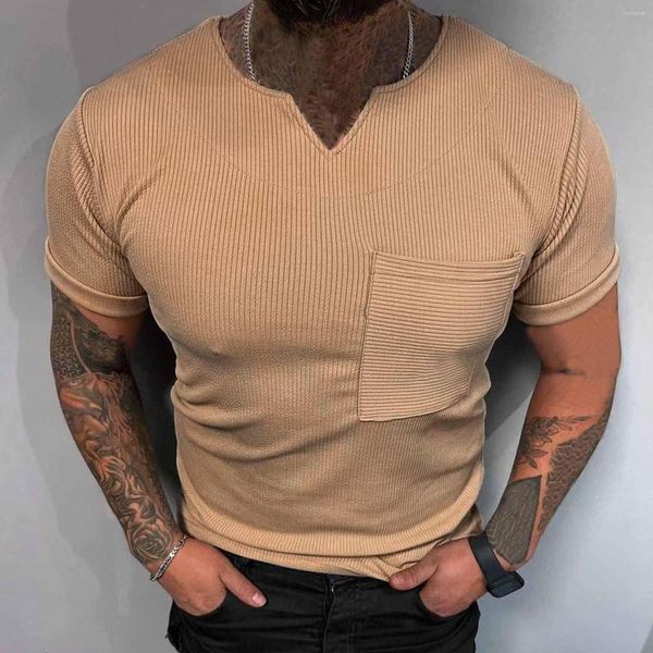 Camisetas para hombre Camisetas de manga corta con tiras de primavera y verano para hombre Bolsillo con cuello en V de color sólido